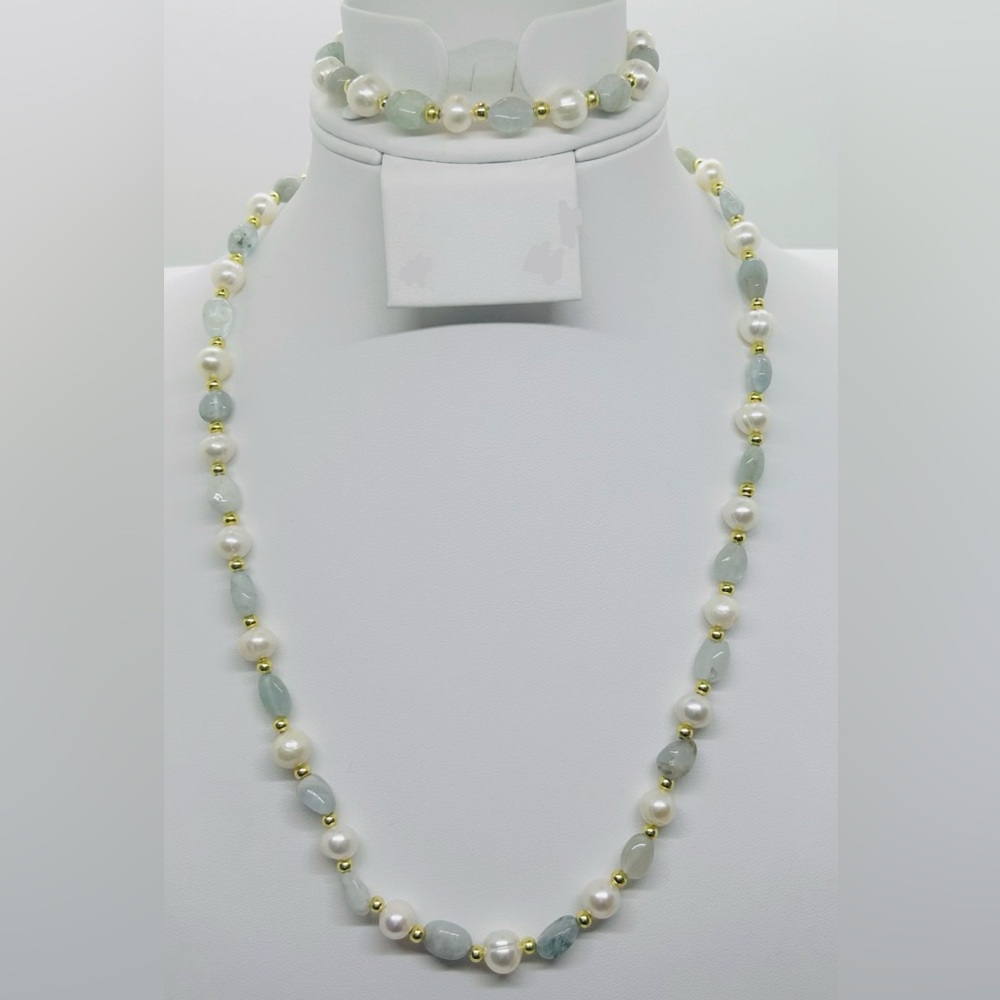 White Freshwater Pearl & Aquamarine Stones 18K GP Necklace & Bracelet Set